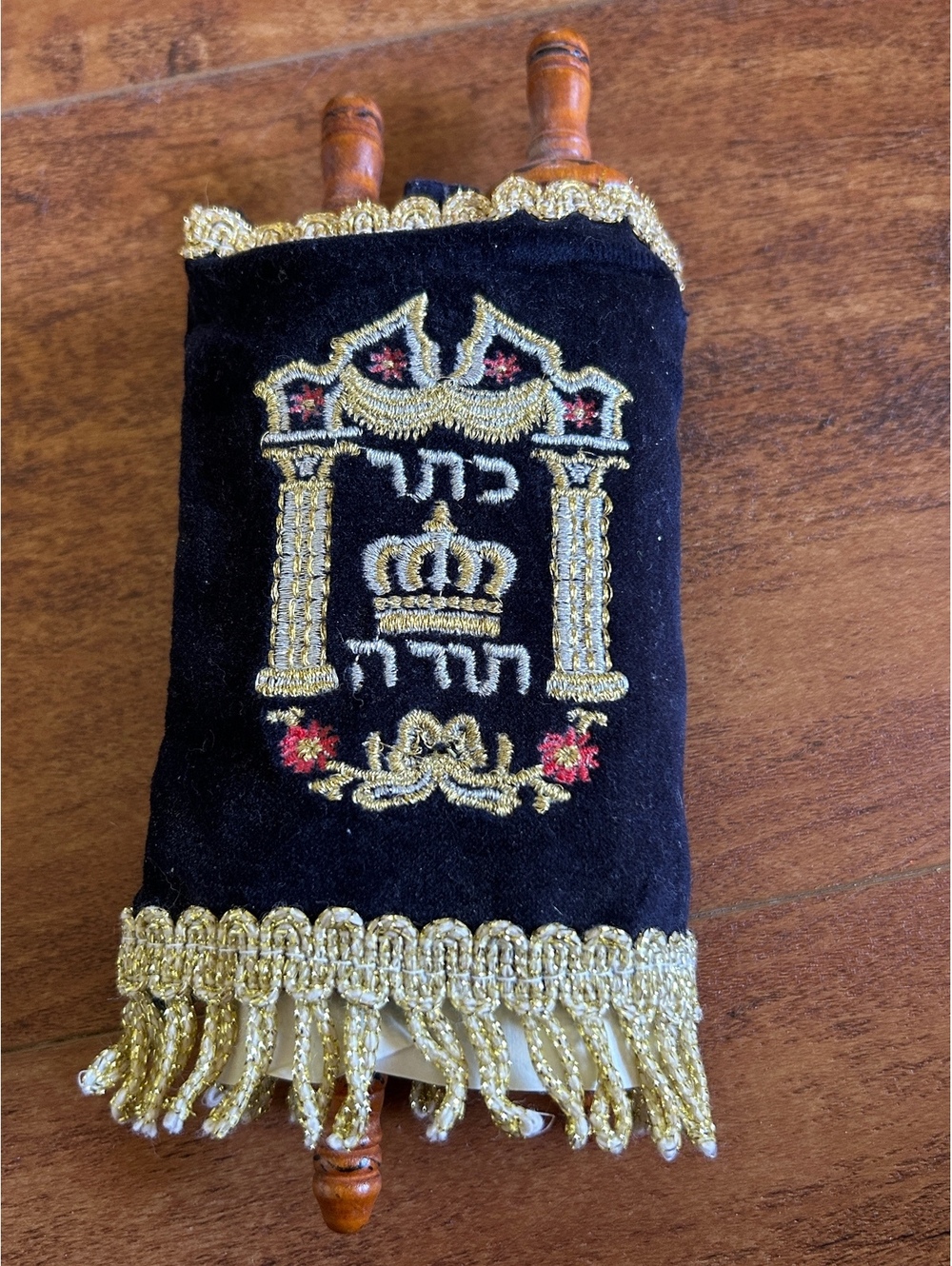 Miniature Torah Scroll with Velvet Cover and Decorative Gold Embroidery